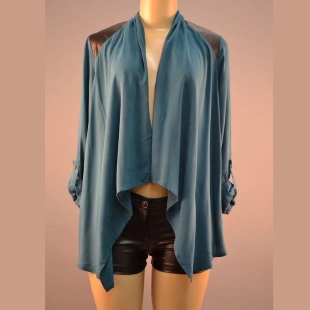 Faux Leather Shoulders Wrap Cardigan